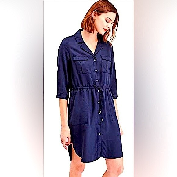 NEW French Connection Navy Blue Kruger Tencel Tie Waist Button Front Dress Sz 4 - Picture 1 of 11